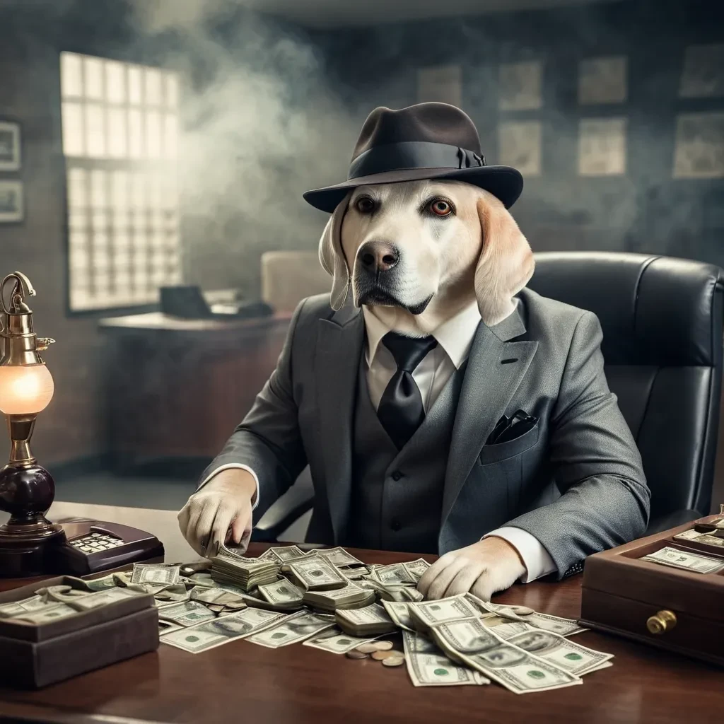 retro style Labrador Dog counting money in smokey office wearing a mafia suit  <lora:Labrador Dog:1.2>