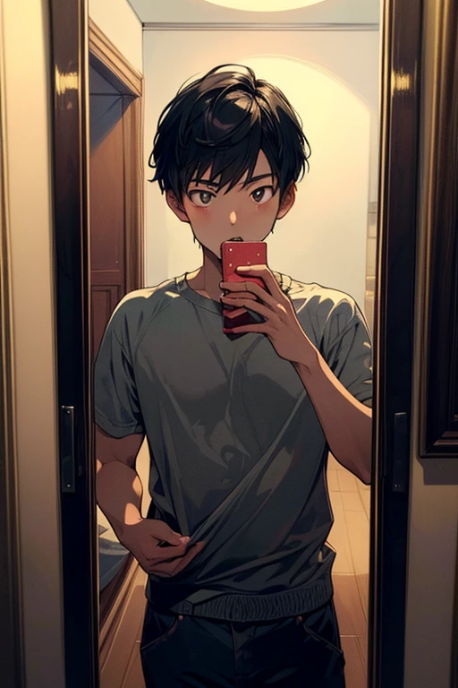 ((((masterpiece,best quality,ultra-detailed)))),1boy,solo,slim Asian boy,portrait,<lora:add_detail:0.8>,angled,Looking At Mirror,selfie,Twitching,Dark,Eating,indoors,Silhouette lighting,