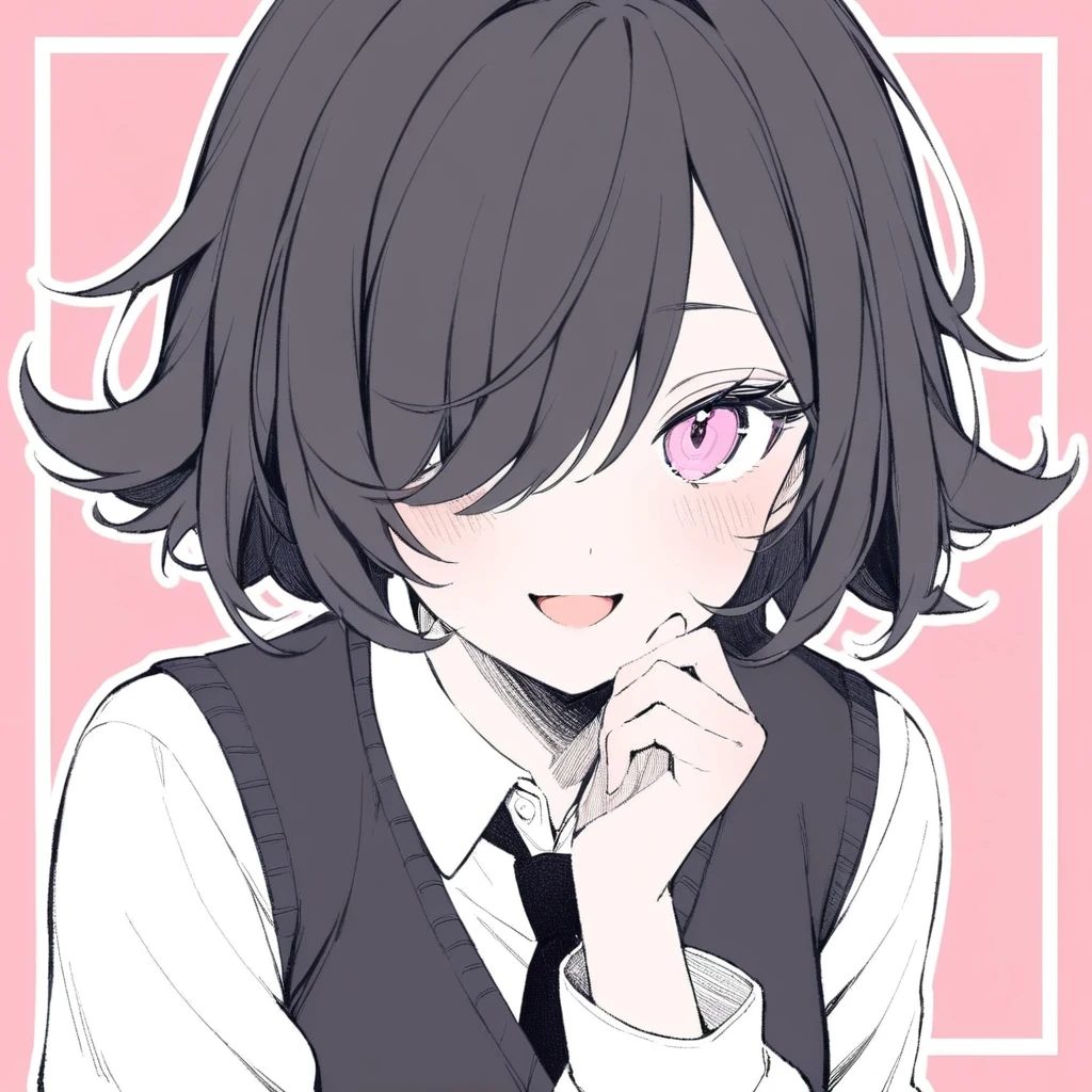 1girl,
solo, white background, looking at viewer, white shirt, pink background, black necktie, sweater vest, hand up, flipped hair, hand on own chin, long sleeves, shirt, black eyes, one eye covered, multicolored eyes, necktie, :d, flower, black hair, black sweater vest, upper body, collared shirt, upturned eyes, short hair, open mouth, simple background, school uniform, pink eyes, hair over one eye, smile, portrait,
masterpiece, best quality, safe
<lora:mki-a31-dodosako-v1-000070:1>