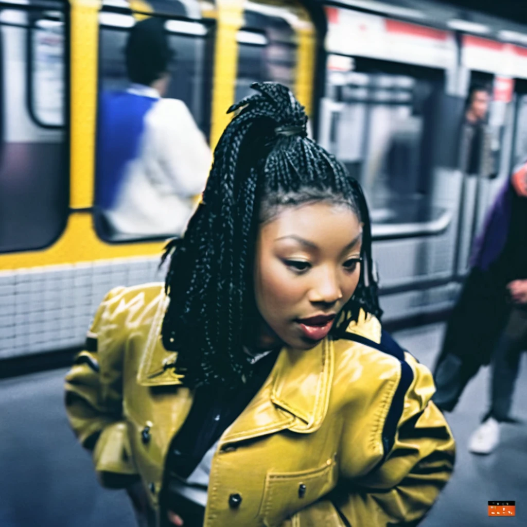 a 1995s album cover, with a photo of brndi, <lora:brndiXL:1> brndi, brndi close up, brndi , ((album cover title: "Brandy":1)) ((depth of field:1)), brndi in focus,, wearing a yellow 1990s jacket,, in the middle of subway, shot from above, dslr,