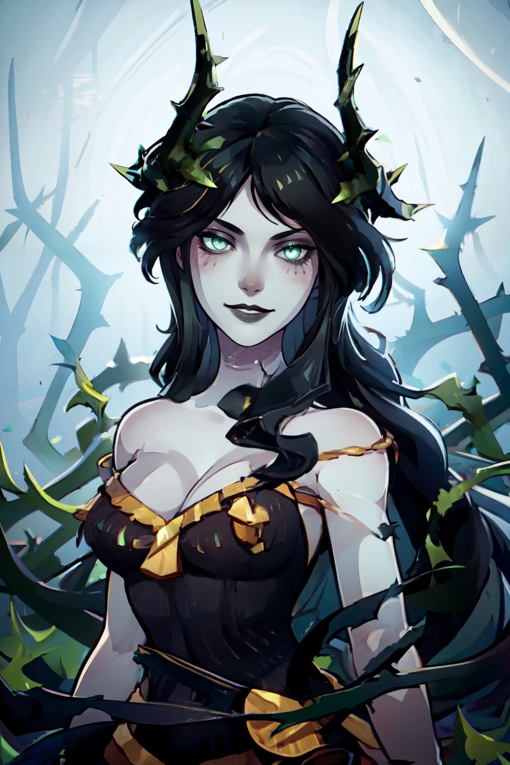 ((masterpiece, best quality)), absurdres,   <lora:CeciaAFK_v1:0.8>, CeciaAFK, green eyes, horns, grey skin, black lips, colored skin, black hair,  pale skin,  long hair,   dress, cleavage, bare shoulders, upper body, black dress, blurry background, vines, jewelry,   ,solo, smiling, looking at viewer, cowboy shot,