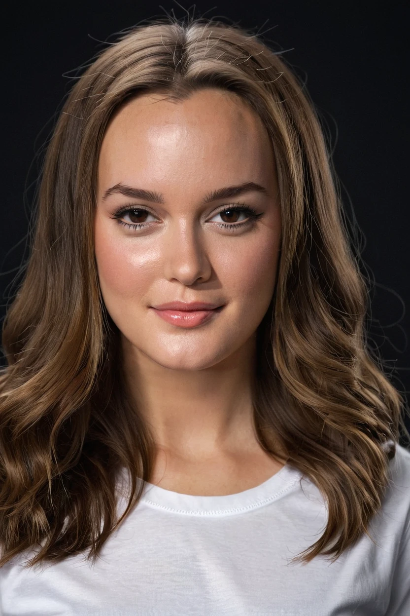 professional photo of a young ohwx woman,wearing a white tshirt, long hair,studio lighting,natural skin,portrait,dark theme, dof <lora:Leighton_Meester-000006:0.8>