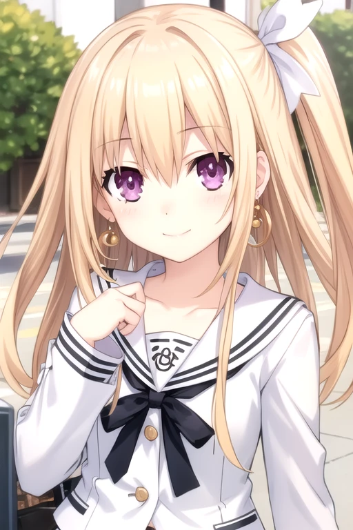 ((masterpiece)),(best quality),official art,extremely delicate and beautiful,extremely detailed CG,unity 8k wallpaper,ultra detailed,beautiful detailed eyes,extremely detailed face,outdoors,1girl,solo,upper body,(portrait:1.5),looking at viewer,facing viewer,smile,(petite:1.2),Mayuri,very long hair,blonde hair,one side up,hair ornament,floating hair,hair ribbon,white ribbon,jewelry,earrings,sidelocks,hair between eyes,bangs,purple eyes,school uniform,collarbone,white jacket,white sailor collar,white serafuku,white shirt,black ribbon,buttons,long sleeves,medium breasts,miniskirt,white skirt,pleated skirt,zettai ryouiki,black thighhighs,loafers,<lora:Mayuri(dal):0.8>,<lora:TSNeptunia-000045:0.5>,