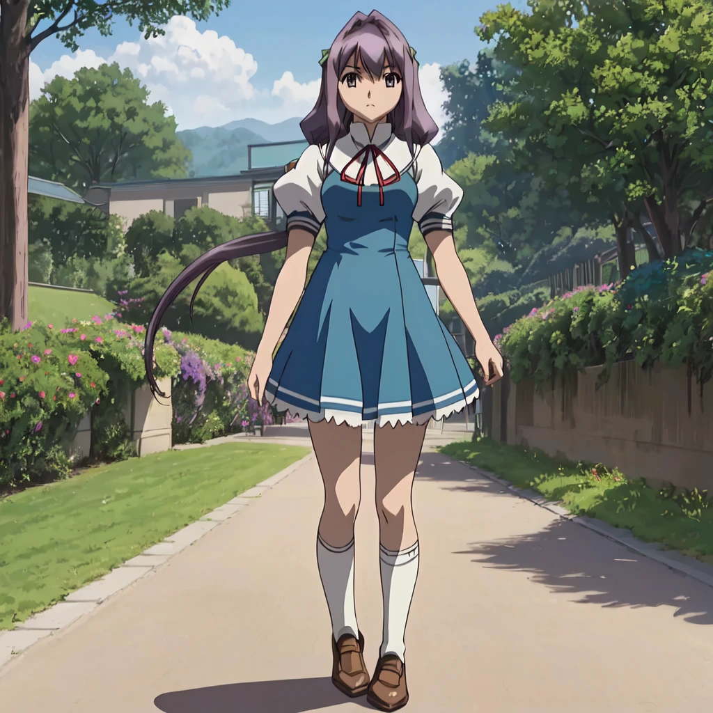 (extremely detailed CG ), (anime coloring),(masterpiece), (best quality), (ultra-detailed), (best illustration), (best shadow), (detailed background), <lora:MaikaYoshikawa-01:1>MaikaYoshikawa 1girl, solo, outdoors, school, blue sky, standing, (((purple eyes))), (((purple hair))), ((long hair)), (((blue dress))), school uniform,  (((short sleeves))), puffy sleeves, ahoge, hair intakes, (twintails), high heels, ribbon, looking at viewer, (((brown shoes))),  (white socks)