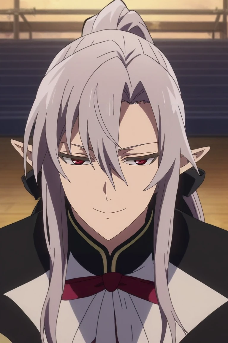 score_9, score_8_up, score_7_up, source_anime, rating_safe, intricate details, anime screencap, anime coloring, official style, , , 1boy, solo, male focus, <lora:ferid_bathory_pony:0.78>, ferid_bathory, grey hair, red eyes, long hair, hair between eyes, pointy ears, ponytail, from above, gym, indoors, light, jumping, half-closed eyes, smile, , <lora:sdxl_lightning_8step_lora:1>