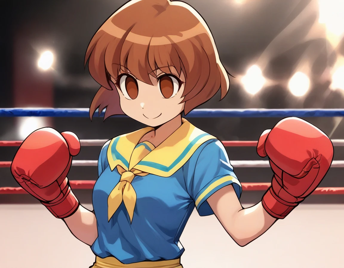 <lora:Smooth Anime 2 Style SDXL_LoRA_Pony Diffusion V6 XL:0.8> score_9, score_8_up, score_7_up, score_6_up, score_5_up, score_4_up, source_anime, BREAK, <lora:Ichijo PONY:1> 1girl, ichijo, brown hair, brown eyes, short hair, blue shirt, yellow sailor collar, empty eyes, in a boxing match, boxing gloves, evil smile