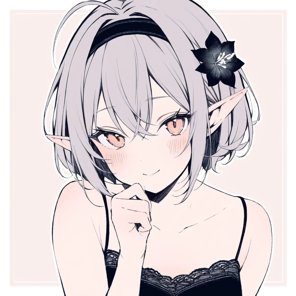 1girl,
solo, elf, brown eyes, hand on own chin, hair ornament, looking at viewer, hair flower, smile, dress, grey hair, portrait, short hair, closed mouth, collarbone, flower, light blush, hairband, hair between eyes, sleeveless dress, black dress, white background, sleeveless, pointy ears, blush, cropped torso, hand up, simple background, bare shoulders, black hairband, antenna hair, sidelocks,
masterpiece, best quality, safe
<lora:mki-a31-dodosako-v1-000070:1>