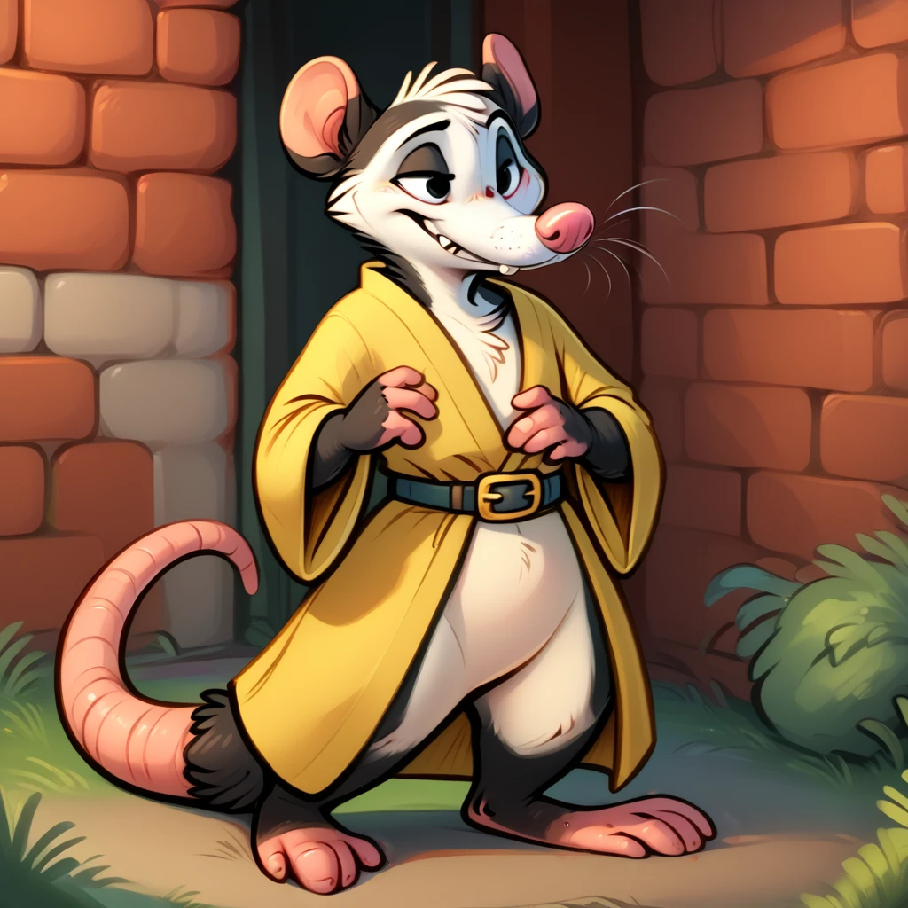 anthro, solo, male, mammal, long torso, short legs, clothed, pink nose, virginia opossum, marsupial, hi res, 4 fingers, half-closed eyes, narrowed eyes, standing, fur, biped, feet, fangs, robe, belt, bottomless, white body, whiskers, barefoot, white fur, disney, digital media (artwork), featureless crotch, multicolored body, black body, yellow clothing, eyebrows, 3 toes, tuft, multicolored fur, black eyes, smile, black fur, grass, two tone body, detailed background, cel shading, outside, brick wall, plant, raised eyebrow, <lora:b4ked4l4sk4_1.0Pony:1> <lora:Pony_QualityV4.0:1>