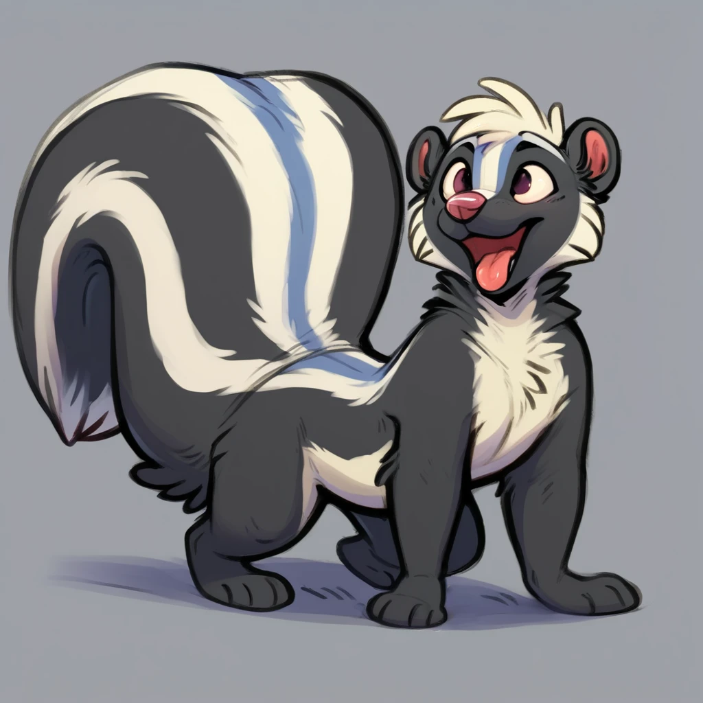 mammal, male, skunk, black body, black fur, anthro, solo, simple background, fur, duo, open mouth, tongue, feral, hi res, nude, grey body, black tail, <lora:b4ked4l4sk4_1.0Pony:1> <lora:Pony_QualityV4.0:1>