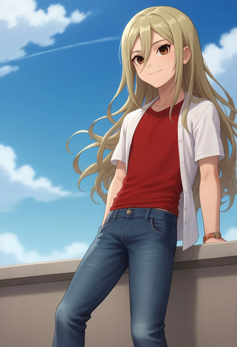 core_9, score_8_up, score_7_up, source_anime, highly detailed, slender, skinny, cute, 1boy, solo, male_focus, slender, skinny, cute,
byron, male focus, 1boy, solo, long hair, sky, cloud, blonde hair, day,  smile, brown eyes, shirt, white shirt, open shirt, red t-shirt- jeans, sneakers