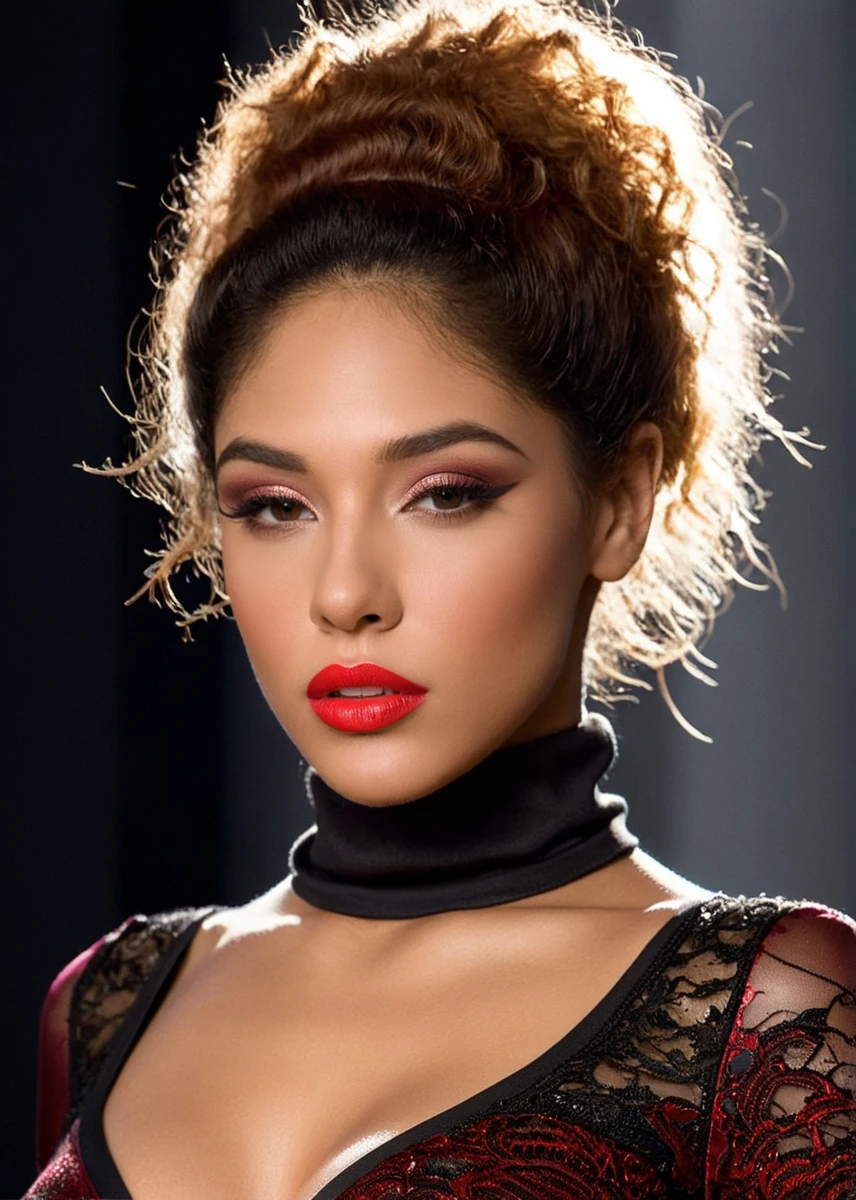 half body of A captivating masterpiece of an woman, (((dressed in a turtleneck Blouse))), The intricate lace and gold details exude a very rebellious aura. ((A bold and daring makeup look featuring ombre lips that transition from a deep, dark red at the center to a glossy black at the outer edges. The lips are expertly lined and filled in with precision, creating a gradient effect that is both edgy and sophisticated)). ((The use of high-shine gloss adds a touch of glamour and dimension to the look)), ((while the deep red and black hues give it a dramatic, vampy vibe)), The background is a dark old manor room with fireplace only giving light to room, architecture creating a exigent atmosphere., low-key photography:1.3, one rim side light, narrow lighting,, only one light source, facing camera, shallow depth of field, <lora:MS_NajaIrie_SDXL:0.8>