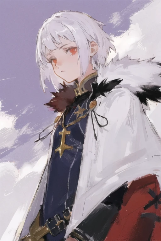 (dark jrpg illustration), (empty tone), (brotherone:1.5), (solo young male:1.5), (spellsinger:1.5), beautiful features, opalescent red eyes, white hair, bob hairstyle, (slim petite build:1.5), fur collar long coat, bodysuit, <lora:brotherone:1.0>, fantasy ruins, gloomy and gothic,