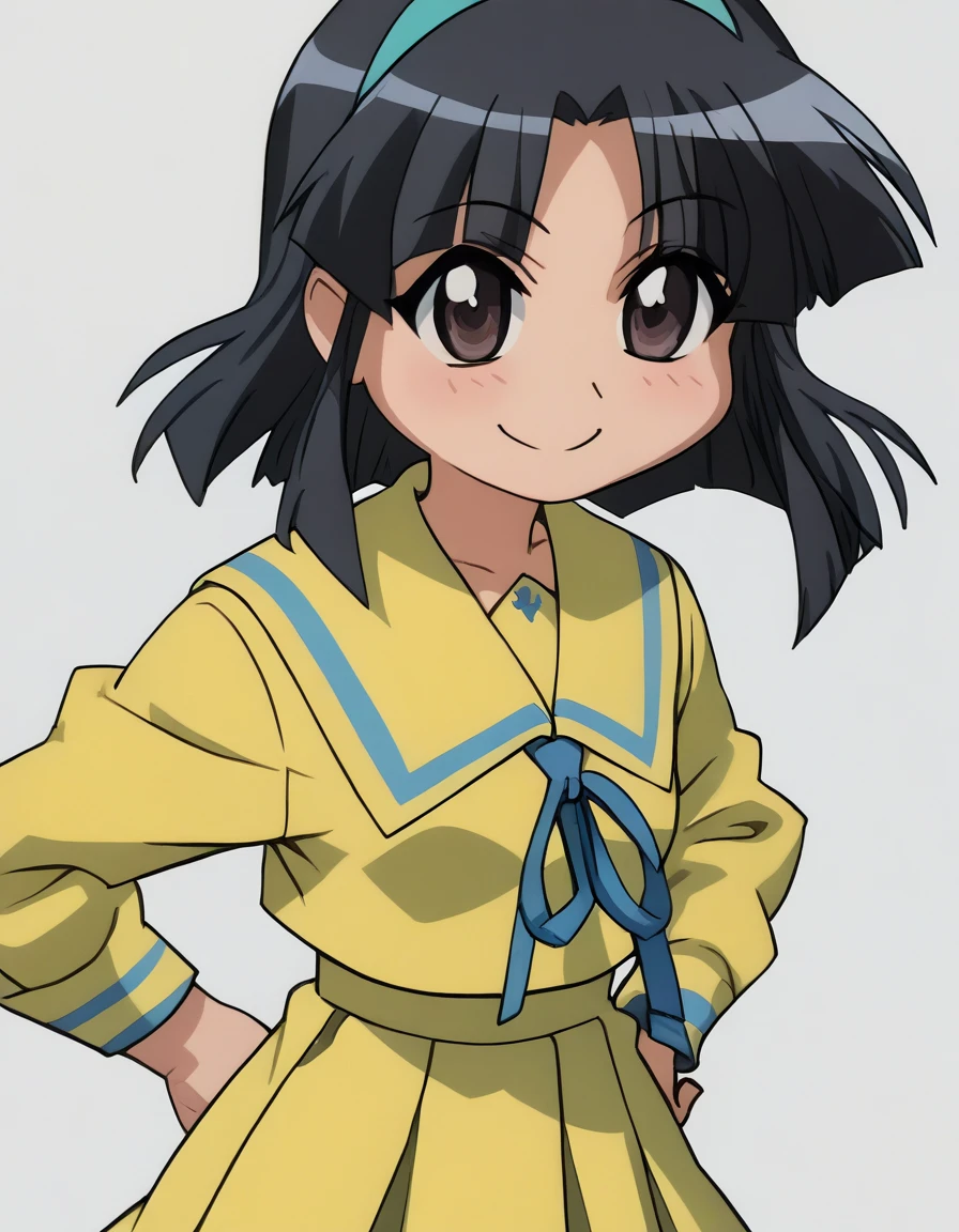 <lora:Smooth Anime 2 Style SDXL_LoRA_Pony Diffusion V6 XL:0.8> score_9, score_8_up, score_7_up,  score_6_up, score_5_up, score_4_up,  source_anime,  BREAK,  <lora:Akiyama Otome PONY:1> 1girl, akiyama otome, short hair, black hair, black eyes, yellow school uniform, solo, smile