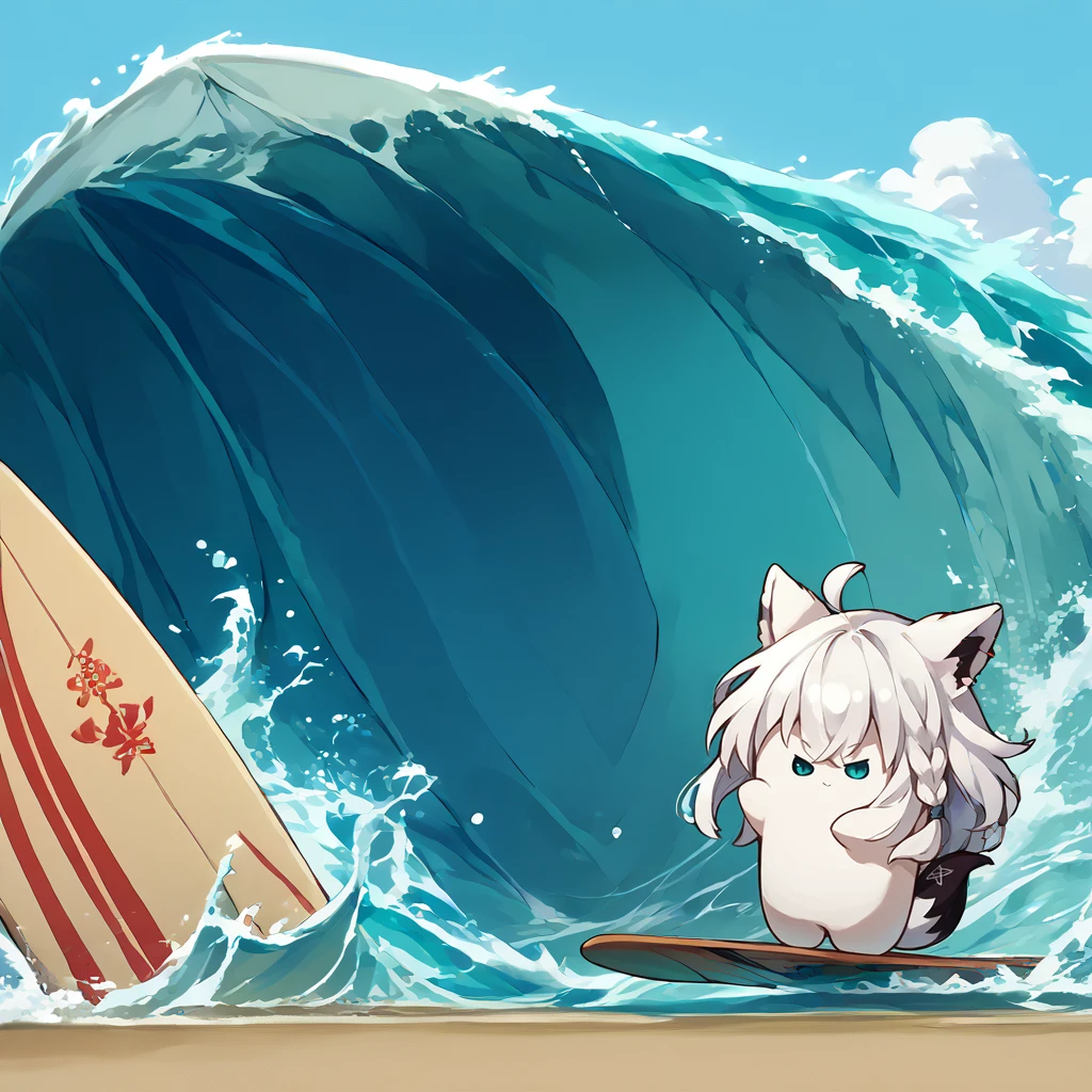 score_9, score_8_up, score_7_up, source_anime, 1girl, solo, chibi, white skin, <lora:KurukurumagicalsChibiMix_XLPD:1.2>, <lora:Surfing_XLPD:1> incrssurfing, surfing, surfboard, <lora:shirakami_fubuki_sdxl_pony-4-000009:0.8> fubuki, white hair, single side braid, ahoge, fox tail,