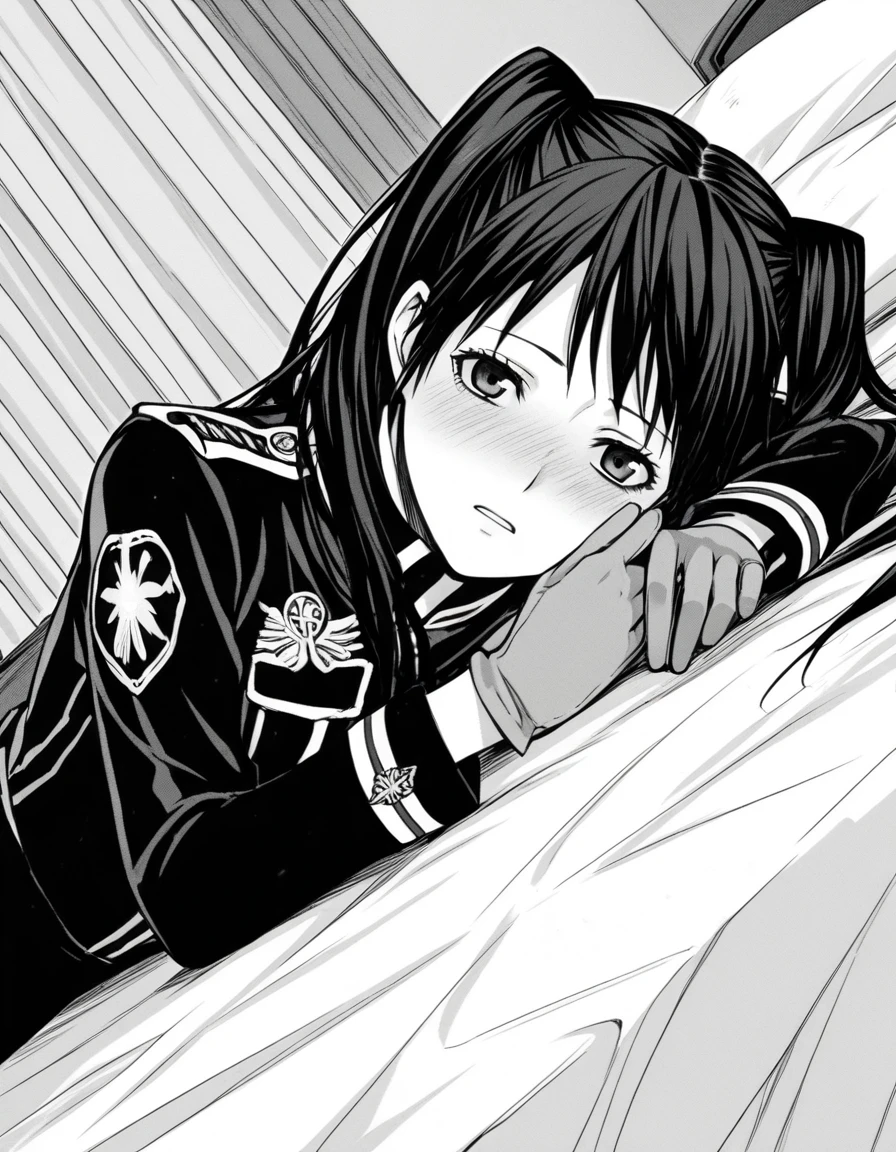 score_9, score_8_up, score_7_up, source_anime,
lenaleelee, <lora:lenalee-lee-manga-ponyxl-lora-nochekaiser:1>,
lenalee lee, long hair, bangs, twintails, monochrome, greyscale,
gloves, uniform, military, military uniform,
indoors, bed, bed room, on side, blush, drunk,
looking at viewer, solo, cowboy shot, dutch angle,