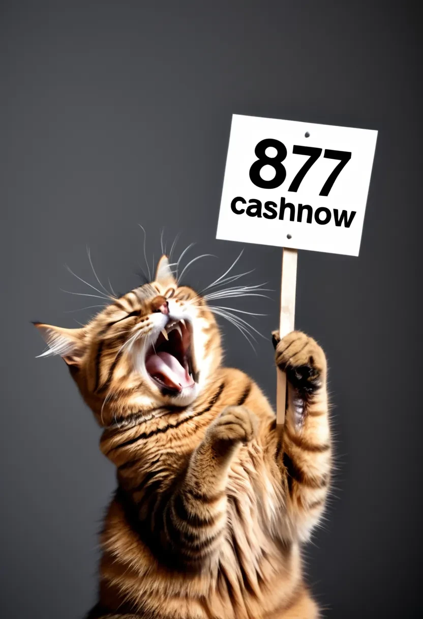 professional portrait photo of a yawning Brown Cat holding sign with text ("877 CASHNOW":1.3), head tilted back, best quality, HD, insane detail <lora:Brown Cat:1>