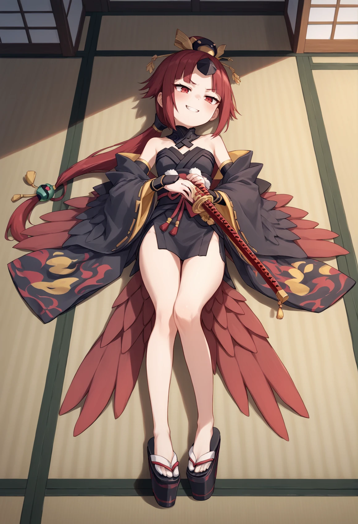 1girl, red eyes, red hair, long hair, folded ponytail, single horn, hair ornament, japanese clothes, black clothes, detached sleeves, Strapless Dress, feathers, platform footwear, age progression, laying, on back, blushing, smug, mesugaki, teeth, full body, indoors, japanese house, holding katana, scabbard, side slit, bare leg <lora:Dechi:1>, score_9, score_8_up, score_7_up, score_6_up, score_5_up, score_4_up, BREAK source_anime, masterpiece