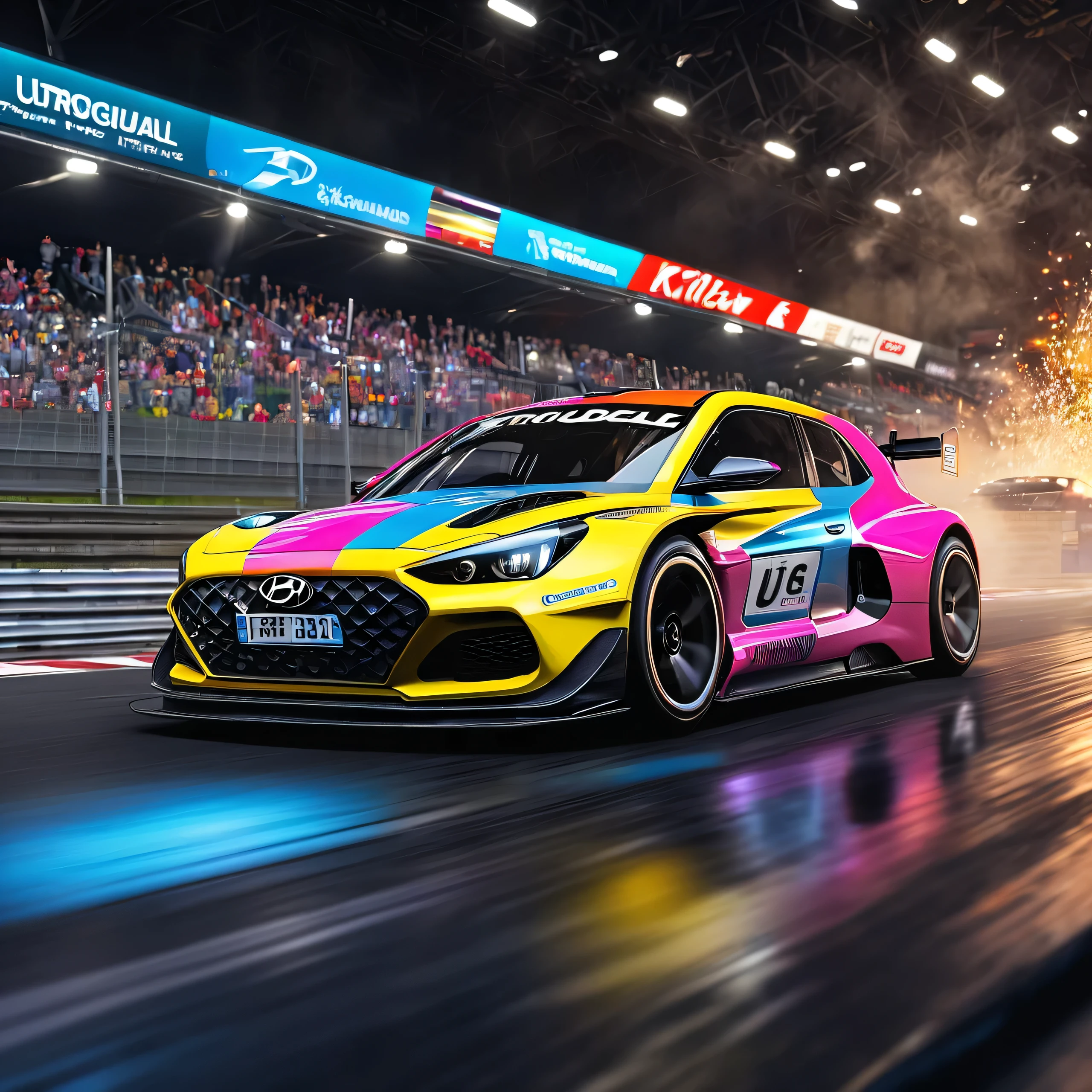 Capture the essence of the adrenaline-fueled underground race meet at the famous section of the Nurburgring racing track. In stunning 8K UHD, delve into the hyper-realistic world where the 2021 Hyundai i20 1.2 Motion dominates the asphalt, its tires spinning, releasing tendrils of smoke as it tears through the track. Amidst the action, a hypercar gracefully spins in circles, while a bevy of sports cars and racers blur in the background. Gorgeous girls dance in front of showcase hypercars, their finely detailed faces and sparkling eyes reflecting the vivid colors and cinematic lights. With ultra-wide angles and panoramic views, immerse yourself in the detailed hyper-realism of this underground racing spectacle, where every detail, from the texture of skin to the reflection of light, is meticulously rendered.