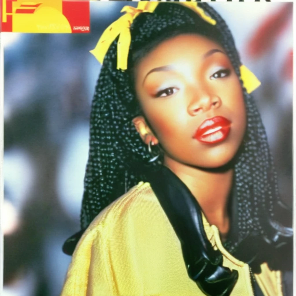 a 1995s album cover, with a photo of brndi, <lora:brndiXL:1> brndi, brndi close up, brndi , ((album cover title: "Brandy":1)) ((depth of field:1)), brndi in focus,, wearing a yellow 1990sjacket