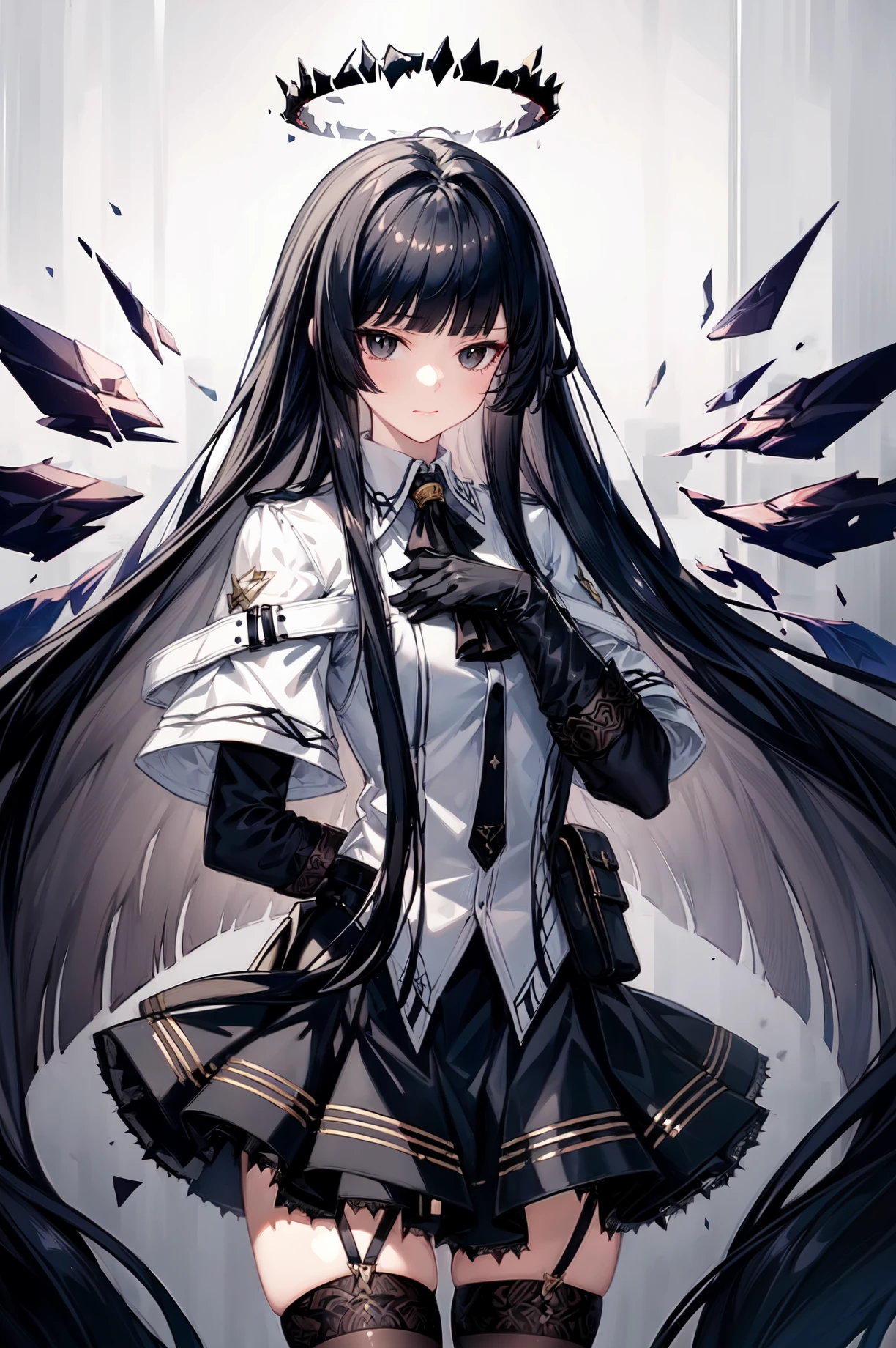 <lora:virtuosa:0.7>,1girl,solo,long hair,bangs,black hair,looking at viewer,very long hair,gloves,black gloves,halo,blunt bangs,closed mouth,wings,black skirt,black eyes,thighhighs,white shirt,best quality,masterpiece,absurdres,highres,<lora:add_detail:0.6>,