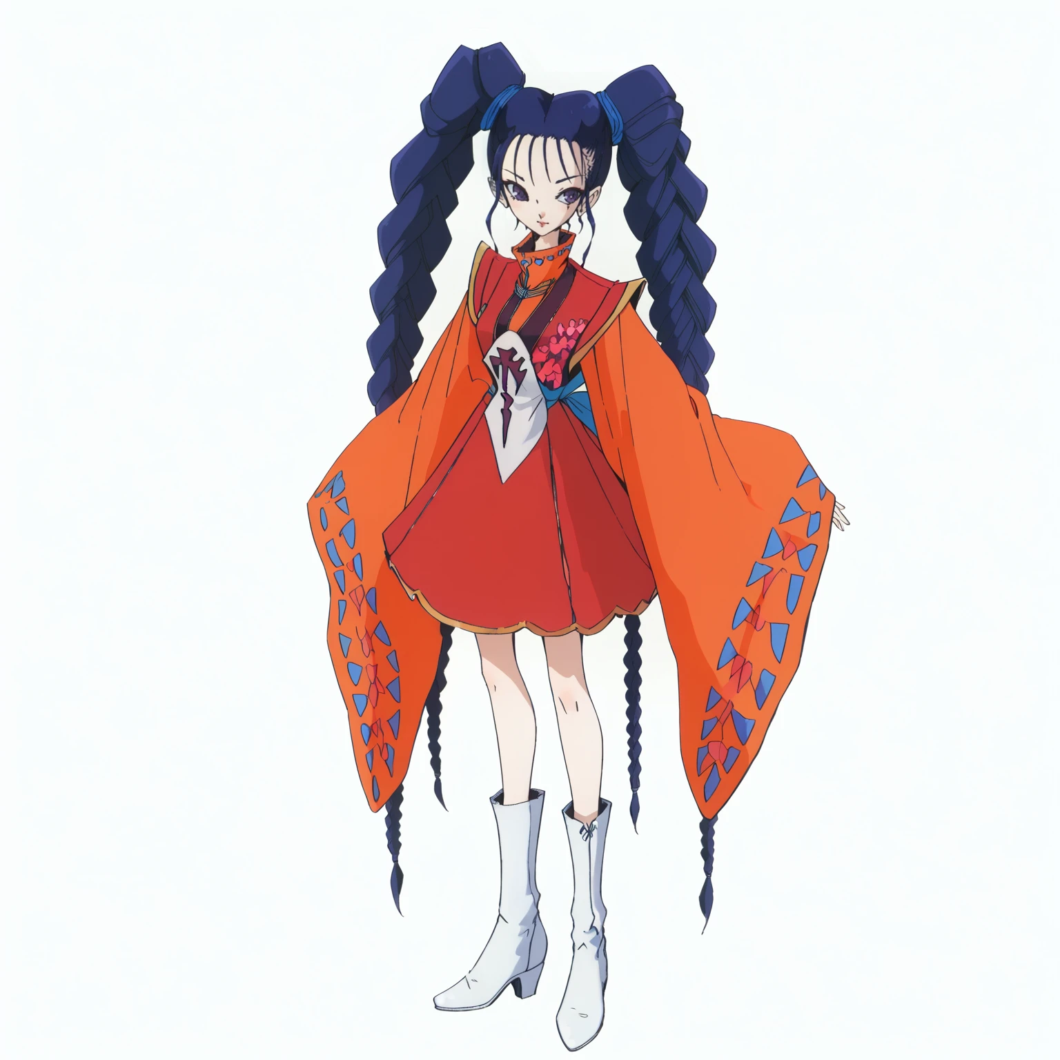 <lora:PrincessTIGHTNAVENXLpony001>,
solo,
PrincessTIGHTNAVEN,1girl,blue hair,twintails,twin braids,purple eyes,
red dress,wide sleeves,
white boots,
full body,standing,