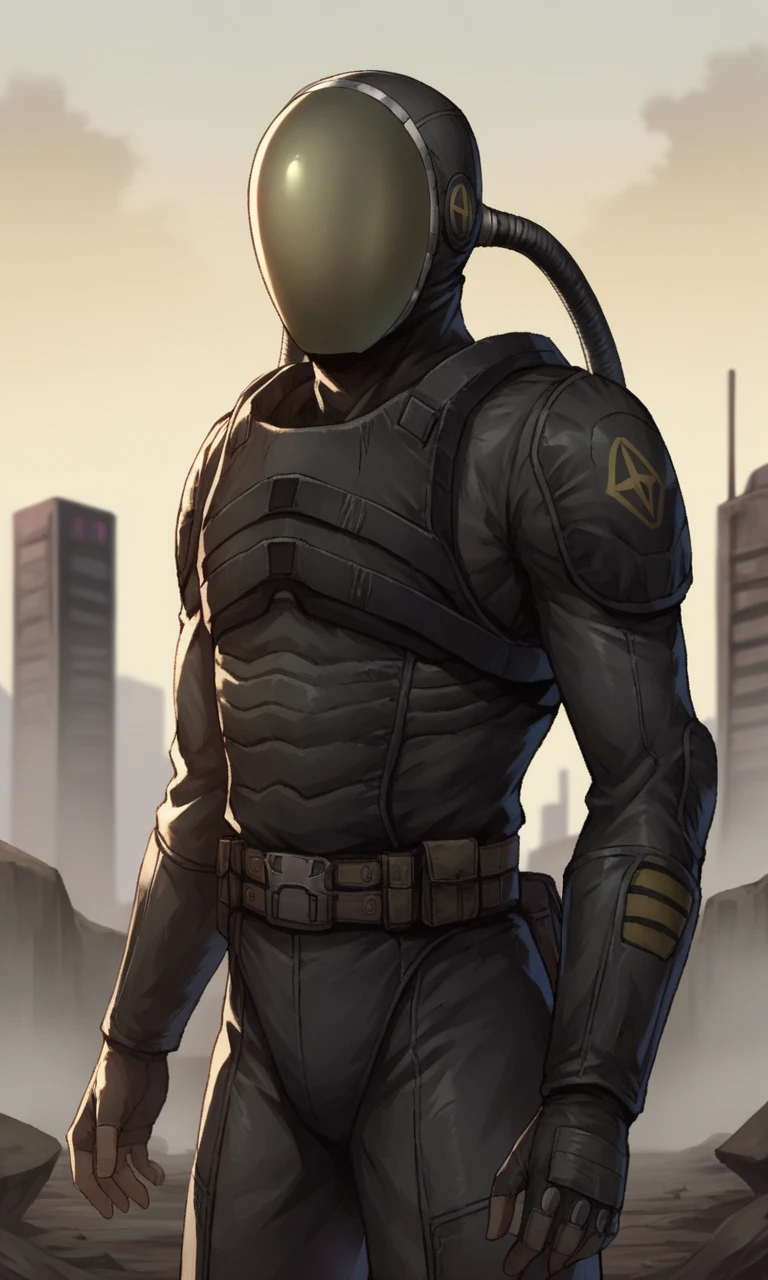 anime artwork score_9, score_8_up, score_7_up, score_6_up, BREAK source_anime, soft lineart, 1boy, glavakolhoza_sevasuit, sci-fi suit, helmet, standing, relaxed pose, post-apocalyptic landscape, post-apocalyptic city, <lora:glavakolhoza_sevasuit:0.7>, upper body . anime style, key visual, vibrant, studio anime, highly detailed