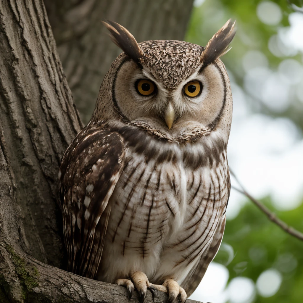 close up of an owl in a tree, extreme detail, hyper realistic,