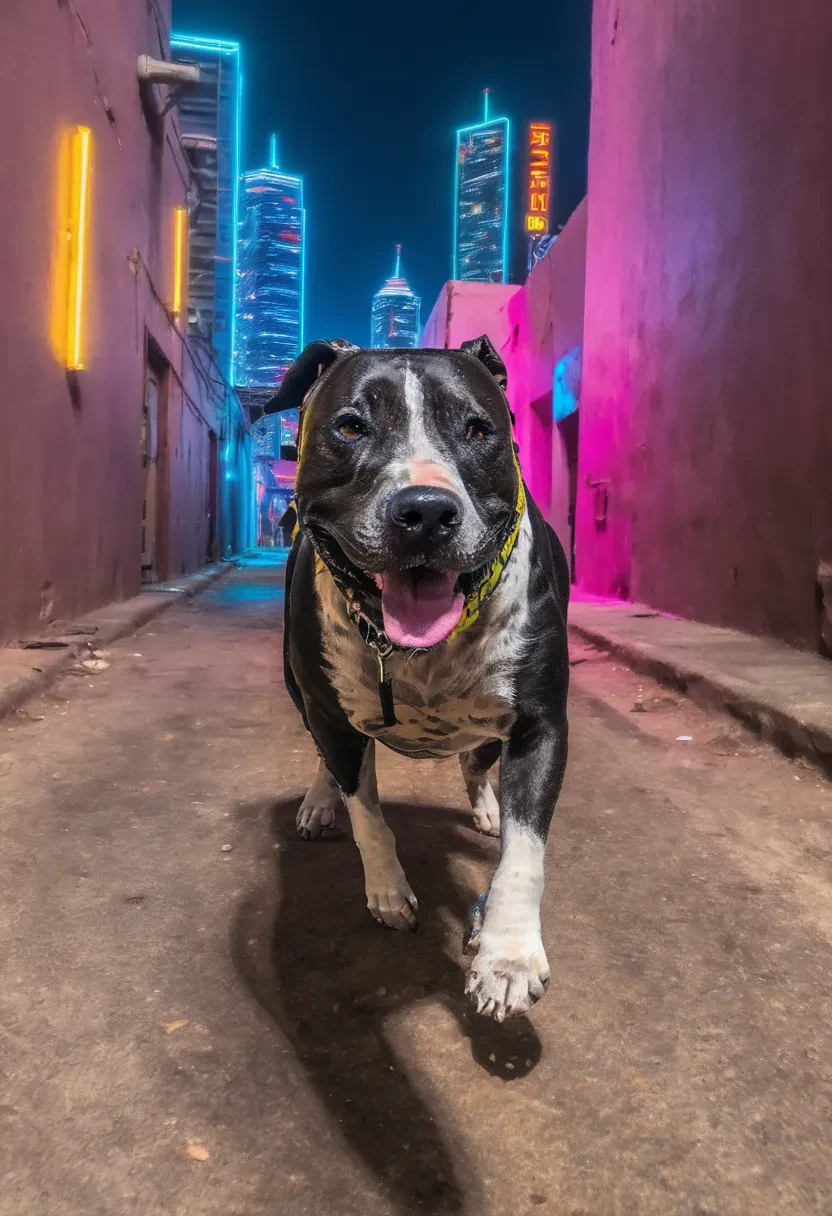 birds eye view, high quality image of a smiling Black Pitbull Dog running through the dark alley ways of a futuristic neon city, vivid multi color landscape with tall buildings, epic moon in the distance, cinematic lighting, insane detail, HD resolution, award winning, 4K <lora:Black_Pitbull_Dog:1>, Cyberpunk art style, futuristic cityscapes, neon-lit streets, high-tech and low-life, cybernetic enhancements, dystopian and gritty atmosphere