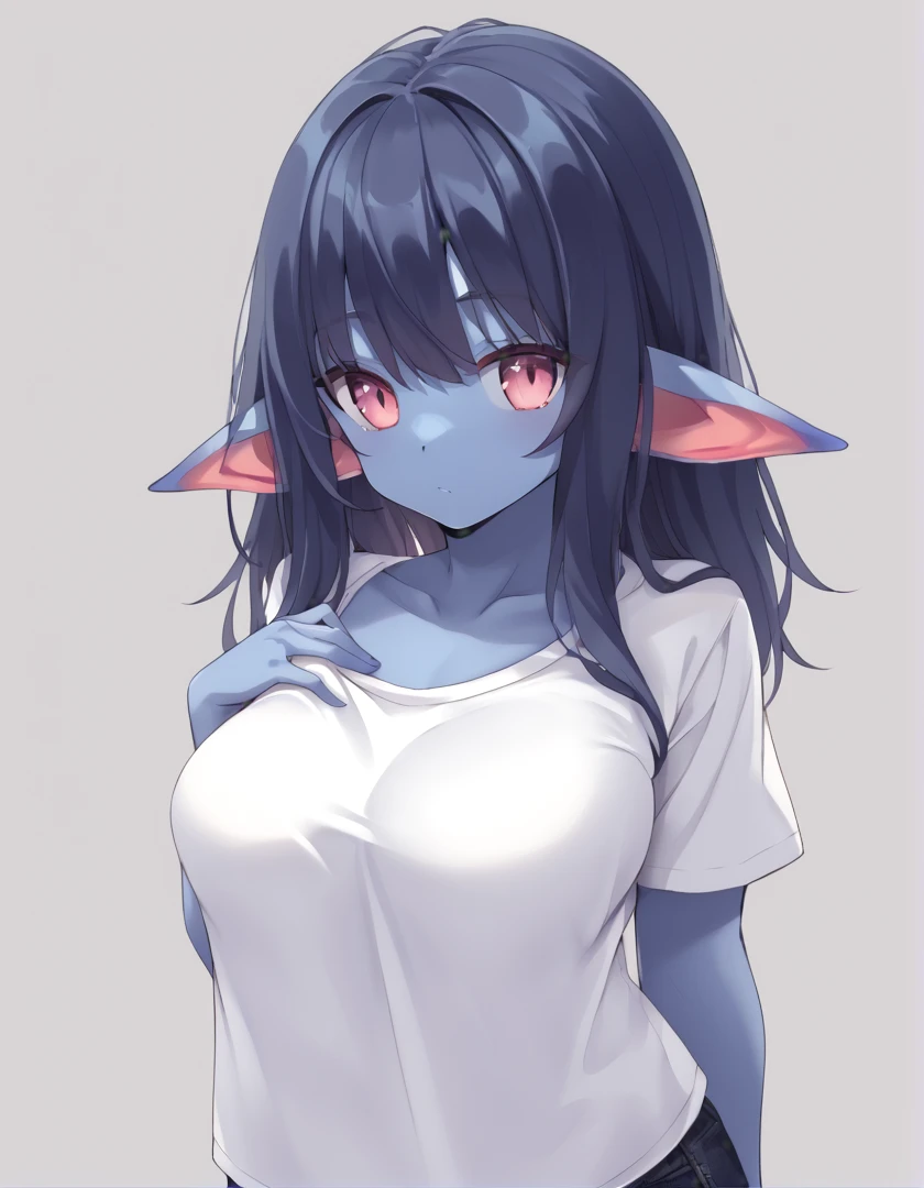 score_5_up, score_4_up,, 1girl, young, curvy chest, xxl shirt, goblin ears, dark and blue skin, dark blue hair, pink eyes, character showcase