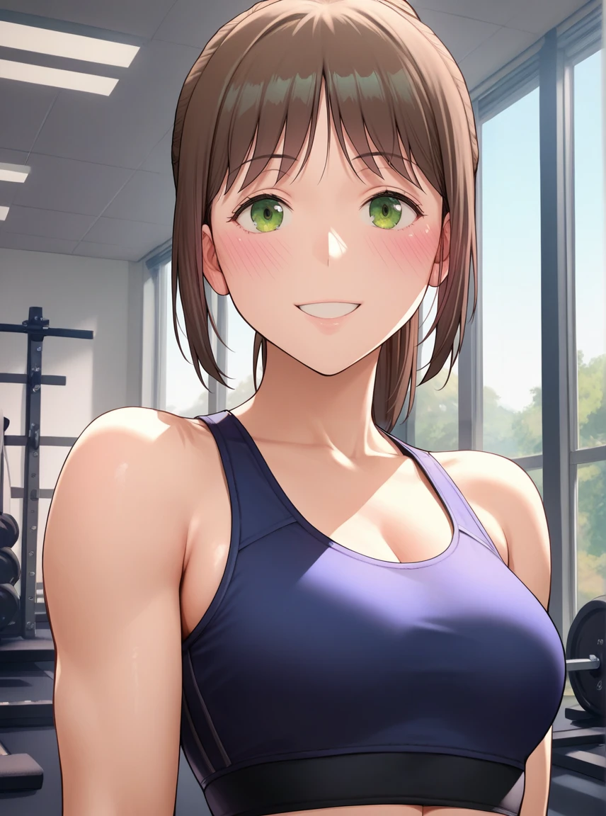 score_9,score_8_up,score_7_up, source_anime,  detailed face, looking at viewer, blush, smile, 1girl,  gym, upper body  <lora:Soohyun_-_Sexercise_PDXL:1> fwsoohyun, medium breasts, ponytail, yoga pants, sports bra