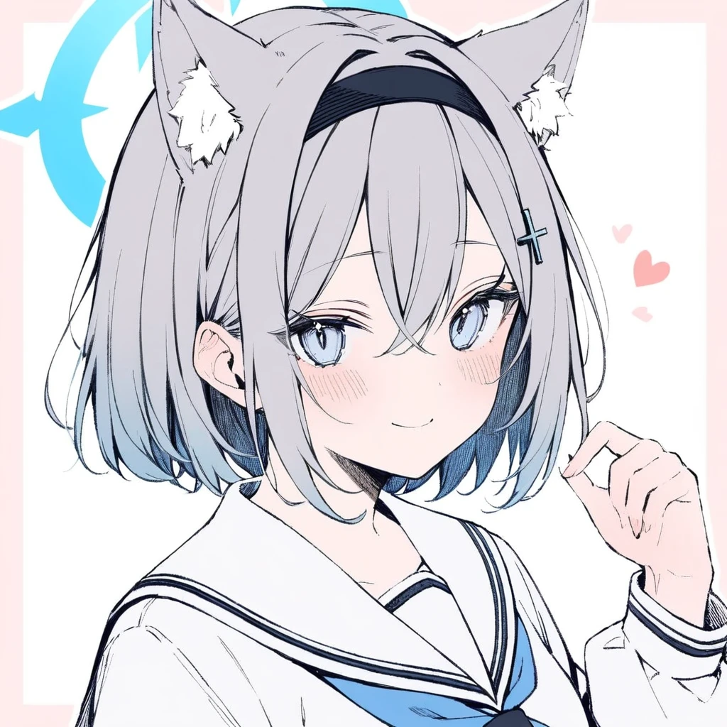 1girl, 
solo, blue eyes, sailor collar, upper body, grey hair, black hairband, school uniform, extra ears, hand up, wolf ears, cross hair ornament, white sailor collar, closed mouth, hair between eyes, mismatched pupils, white background, blush, long sleeves, halo, simple background, looking at viewer, alternate hairstyle, short hair, aqua halo, hair ornament, smile, hairband, animal ear fluff, alternate hair length, animal ears, split mouth, 
masterpiece, best quality,  safe
 <lora:mki-a31-dodosako-v1-000070:1>