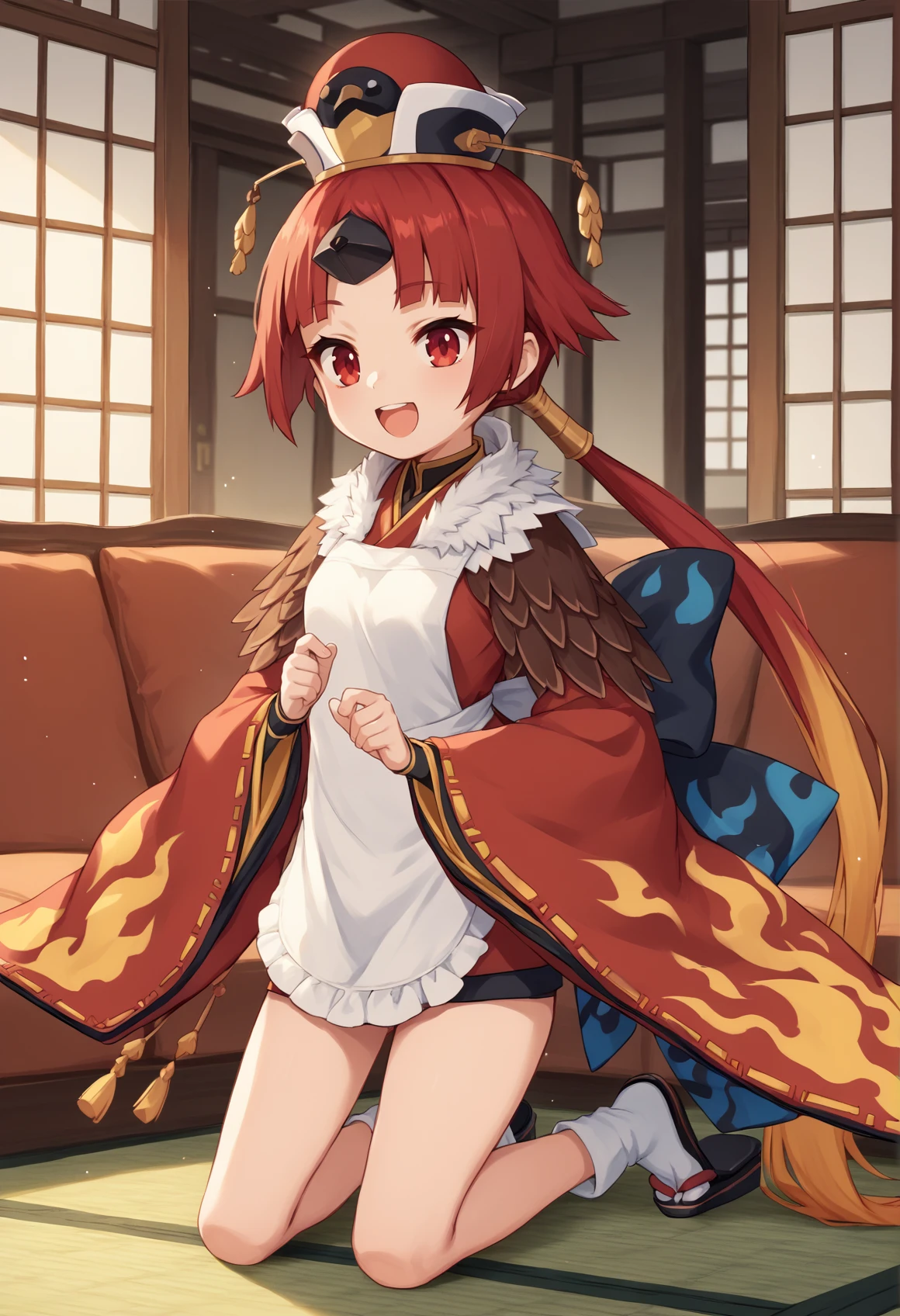 1girl, red eyes, red hair, yellow hair, long hair, Multicolored Hair, low ponytail, single horn, hat, red headwear, japanese clothes, kimono, flame print, wide sleeves, apron, feather trim, feathers, tabi, kneeling, indoors, couch, mansion, smile, open mouth <lora:Dechi:1>, score_9, score_8_up, score_7_up, score_6_up, score_5_up, score_4_up, BREAK source_anime, masterpiece