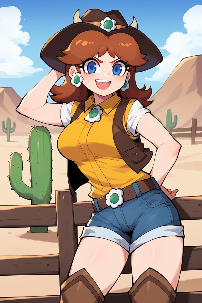 score_7_up, BREAK <lora:ssambatea-guy-PONYv1:1>, 1girl, solo, princess daisy, desert, cactus, leather vest, denim, shorts, cowboy boots, wooden fence, cowboy hat, belt, cow horns,