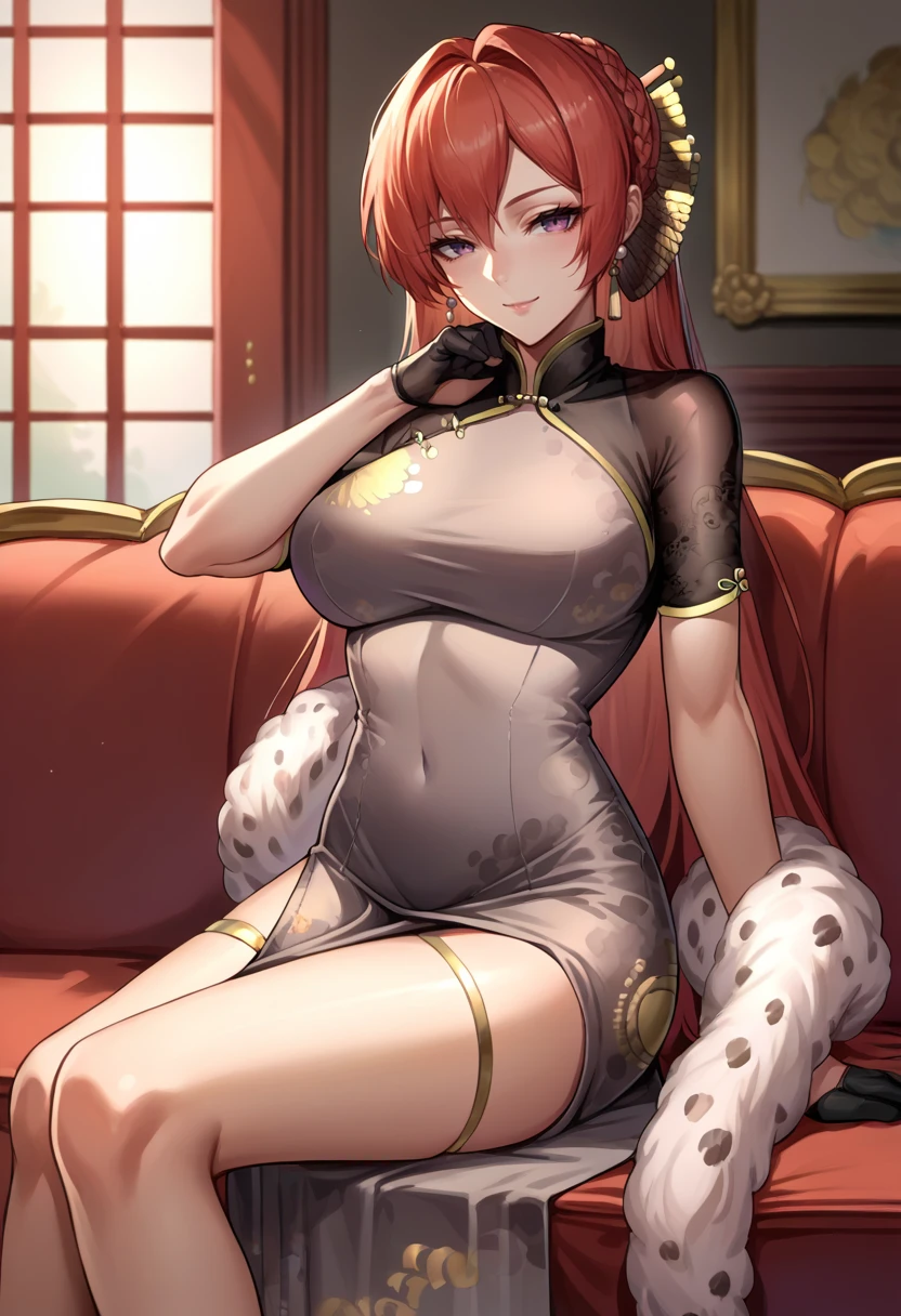 score_9, score_8_up, source_anime, 1girl, solo, MonarchBlackGerad, long hair, braid, hair ornament, earrings, china dress, short sleeves, taut dress, feather boa, black gloves, thighlet, gold high heels, sitting, indoors, on couch, seductive smile, bedroom eyes, <lora:ChamMonarchPonyXL:1>