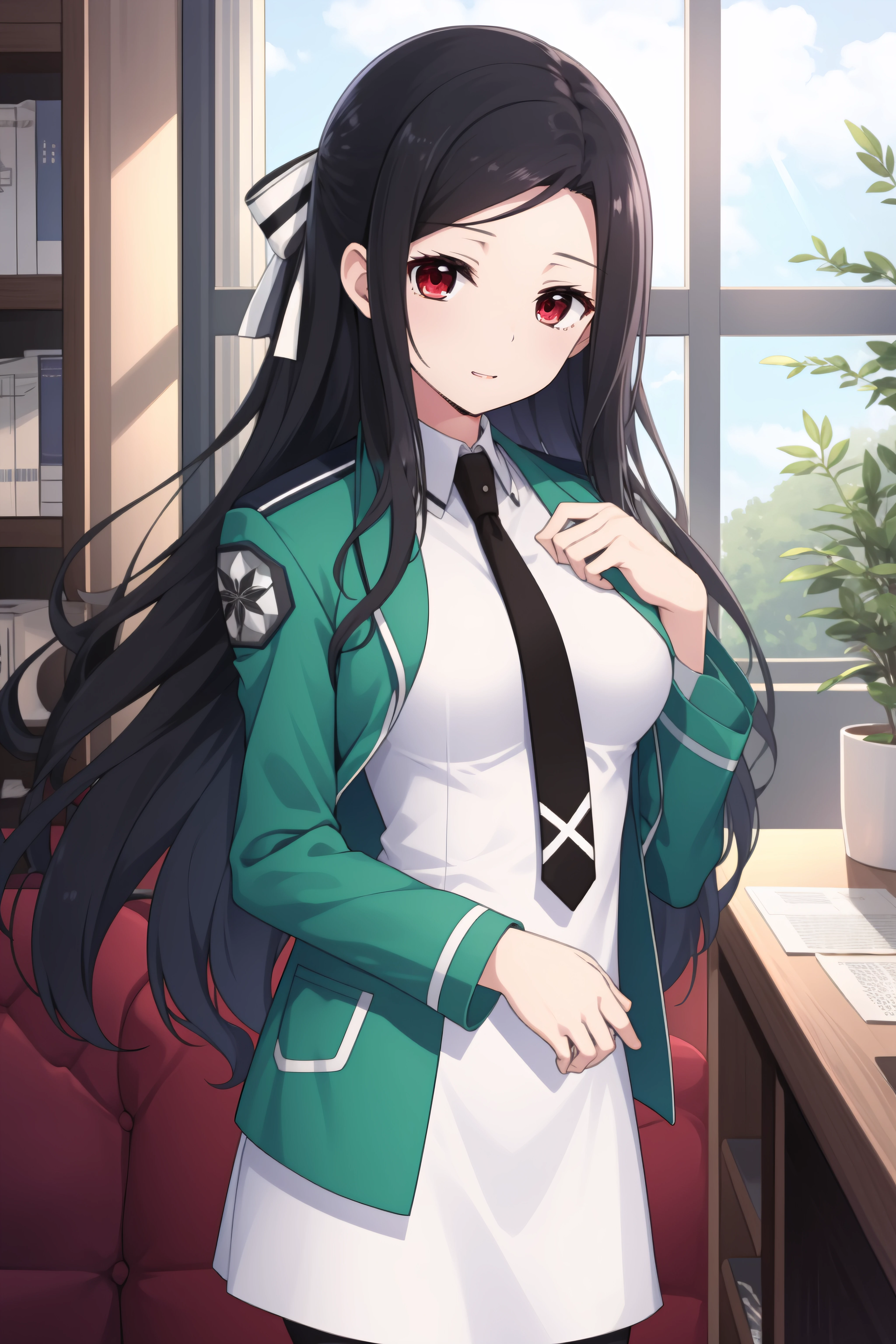 (masterpiece, best quality), <lora:Mayumi Saegusa-lora-Faxtron:0.8> mayumi saegusa, red eyes, black hair, long hair, medium breasts, striped ribbon, cropped green jacket, long sleeves, white dress, black necktie, pantyhose, standing,