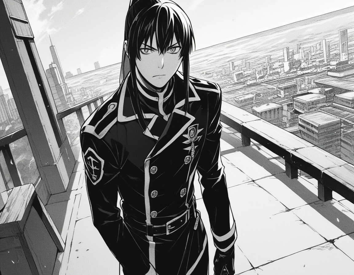 score_9, score_8_up, score_7_up, source_anime,
yuukanda, <lora:yuu-kanda-manga-ponyxl-lora-nochekaiser:1>,
yuu kanda, long hair, monochrome, ponytail, greyscale, male focus,
gloves, uniform, military, military uniform,
outdoors, cityscape,
looking at viewer, solo, cowboy shot, dutch angle,