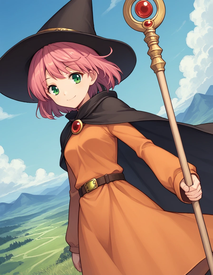 score_9, score_8_up, score_7_up, source_anime,
lennacharlottetycoon, <lora:lenna-charlotte-tycoon-ponyxl-lora-nochekaiser:1>,
short hair, green eyes, pink hair,
magicianlenna, bangs, long sleeves, hat, dress, belt, cape, staff, orange dress,
outdoors, landscape, smile,
looking at viewer, solo, cowboy shot, dutch angle,