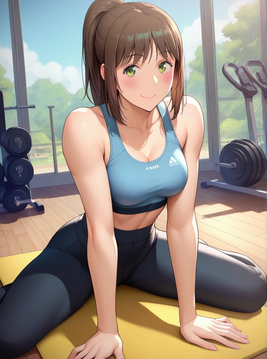 score_9,score_8_up,score_7_up, source_anime,  detailed face, looking at viewer, blush, smile, 1girl,  gym  <lora:Soohyun_-_Sexercise_PDXL:1> fwsoohyun, medium breasts, ponytail, yoga pants, sports bra