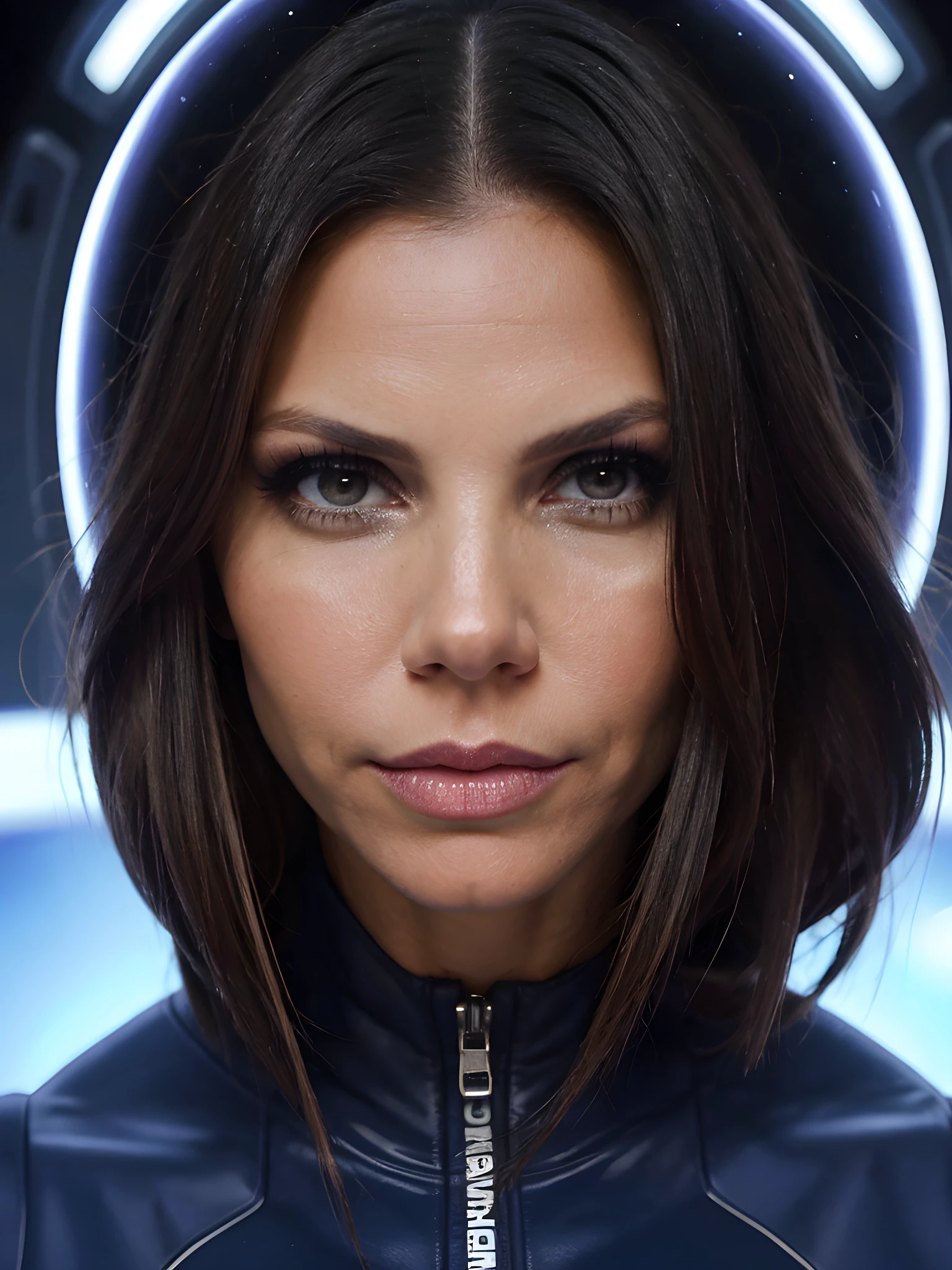 close-up photo of Ch4r1sm4C4rp3nt3r_V1-Emb , wearing a space suit, makeup, eyeshadow, in the middle of a futuristic space station, 8k uhd, high quality, dramatic, dramatic lighting