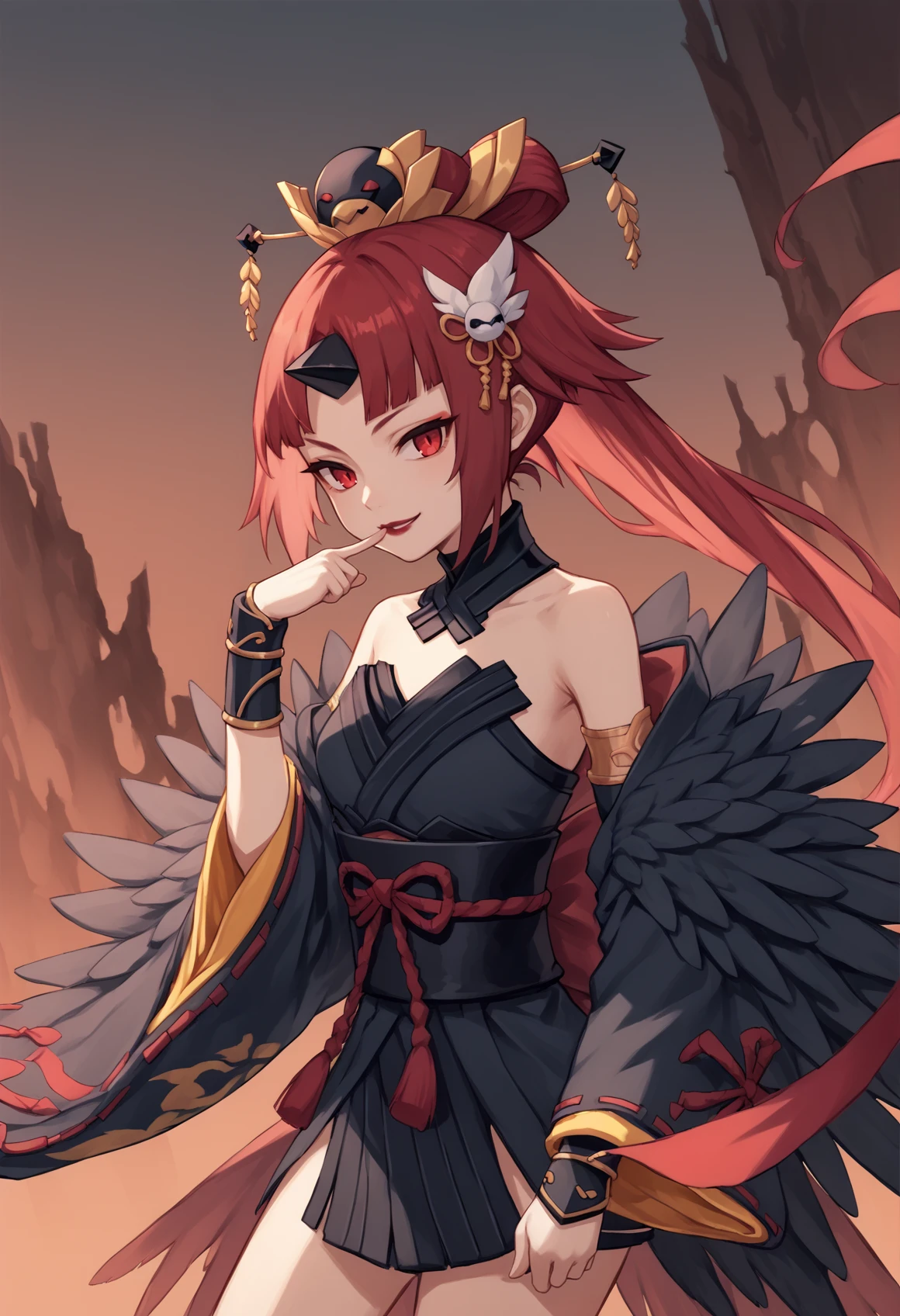 1girl, red eyes, red hair, long hair, folded ponytail, single horn, hair ornament, japanese clothes, black clothes, detached sleeves, Strapless Dress, feathers, platform footwear, age progression, finger to mouth, lipstick, seductive smile, cowboy shot, outdoors, hell <lora:Dechi:1>, score_9, score_8_up, score_7_up, score_6_up, score_5_up, score_4_up, BREAK source_anime, masterpiece