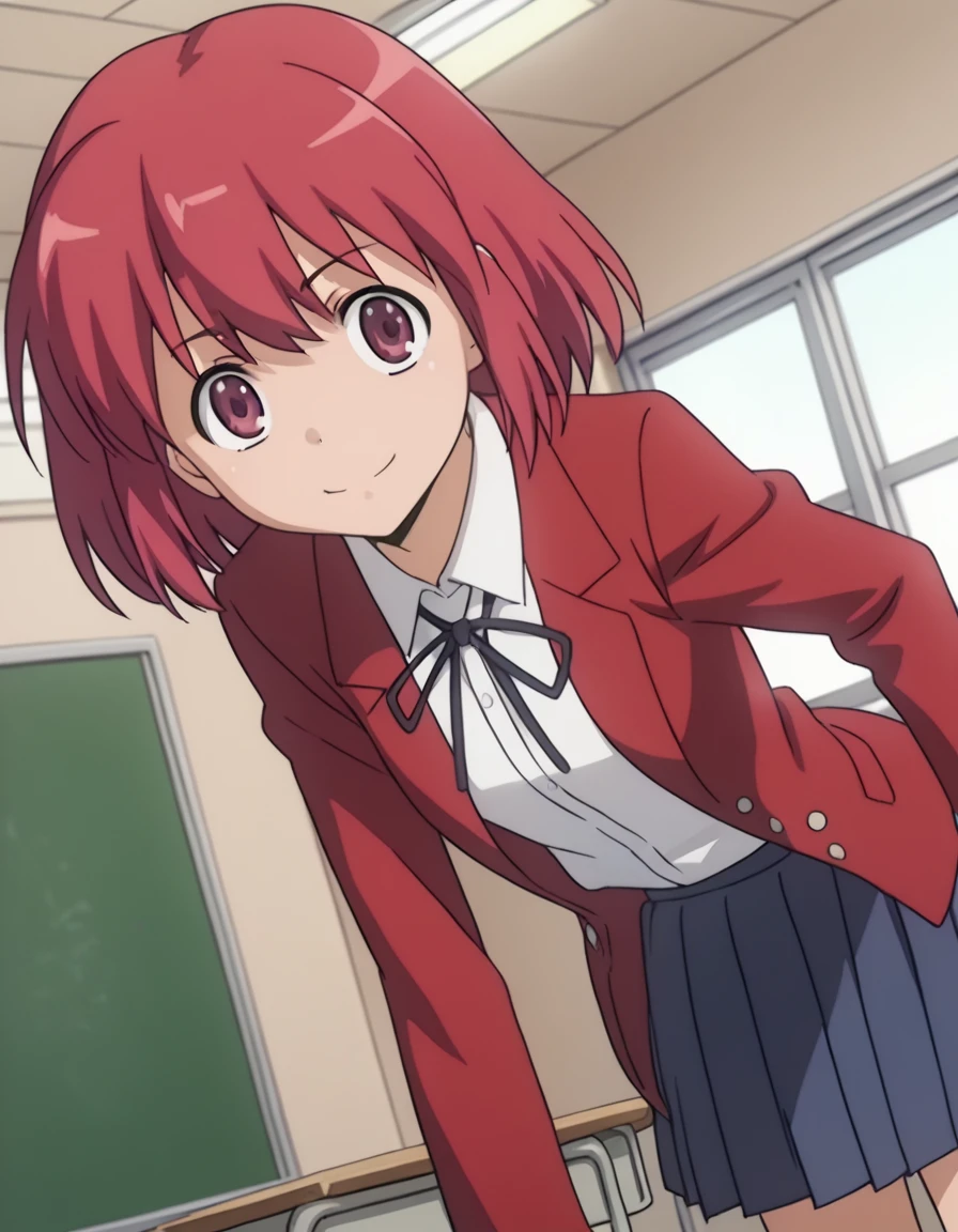 score_9, score_8_up, score_7_up, source_anime,
minorikushieda, <lora:minori-kushieda-s1-ponyxl-lora-nochekaiser:1>,
minori kushieda, short hair, red eyes, red hair,
school uniform, oohashi high school uniform, jacket, red jacket, long sleeves, shirt, white shirt, collared shirt, ribbon, skirt, pleated skirt,
indoors, classroom, bent over, smile,
looking at viewer, solo, cowboy shot, dutch angle,