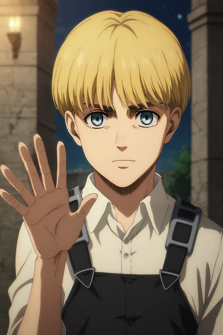 score_9, score_8_up, score_7_up, source_anime, rating_safe, intricate details, anime screencap, anime coloring, , looking at viewer, depth of field, 1boy, solo, male focus, <lora:armin_arlert_pony:0.98>, armin_arlert, blonde hair, blue eyes, very short hair, bowl cut, straight-on, ancient ruins, night, crescent moon, waving, skin fang, , <lora:sdxl_lightning_8step_lora:1>