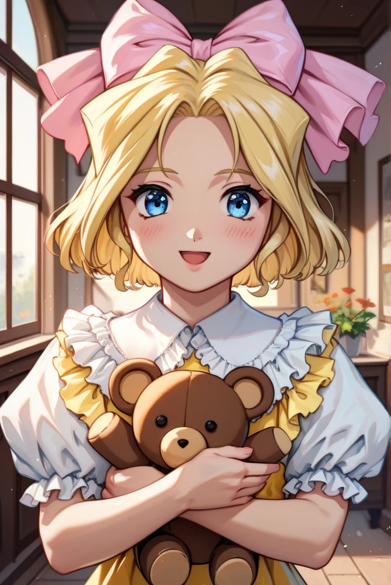 score_9, score_8_up, score_7_up, very aesthetic, source_anime, detailed, high quality, beautiful, masterpiece, detailed eyes,
indoor, blurry background,
<lora:lightXL:0.8>
cowboy shot, upper body,
holding stuffed toy, smile, open mouth, blush,
<lora:iris_autismConfetti_v01:0.95>flat chest,
irisBase, blonde hair, blue eyes, hair bow, pink bow, short hair, parted bangs,
yellow dress, frills, white puffy sleeves, short sleeves, layered dress, lace white socks,, zPDXL