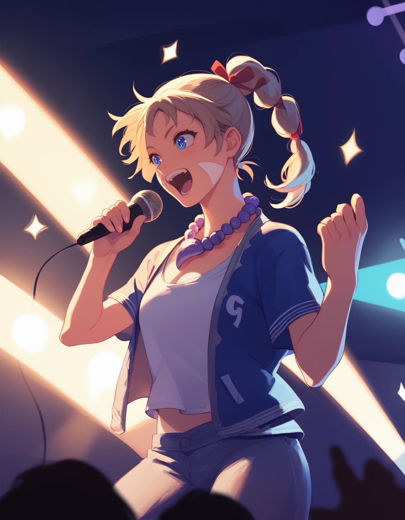 score_9,  score_8_up, score_7_up <lora:kid-cc-ponyxl-000012:1> kdecc, facial mark, necklace, ponytail, streetwear,
1girl, singing, stage, stage lights, indoors