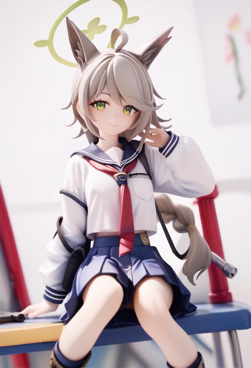 (score_9,score_8_up,score_7_up),source_anime,
1girl, looking at viewer,
grey hair, green eyes, long hair, single braid, ahoge, green halo, animal ears,
smile, looking at viewer,
school uniform, white shirt, blue skirt, pleated skirt, red neckerchief,boots,
<lora:otogi:1>