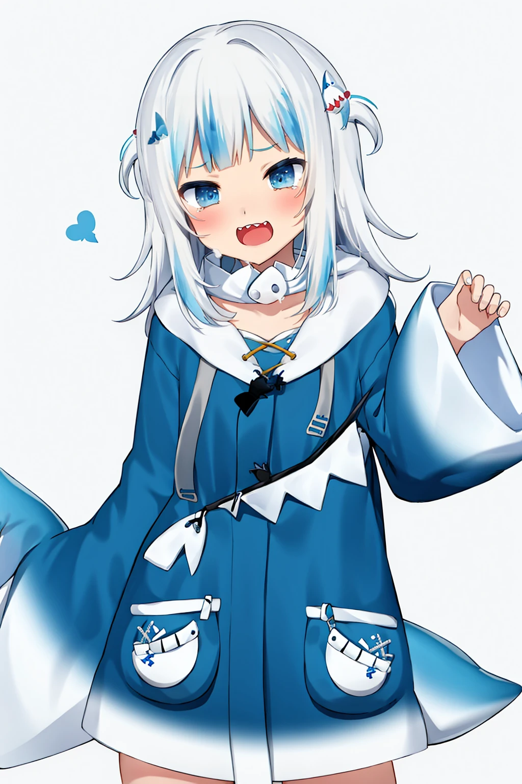 <lora:gura_v1.1-000010:0.9>, gawr gura, gura_shark_outfit, 1girl, solo, best quality, masterpiece, highres, looking at viewer, cowboyshot, blue shark-themed clothing, blue shark hoodie, white hair, white headband, shark tail, (solid white background:1.4), hair ornament, smile, open mouth, embarrassed, tear, cry