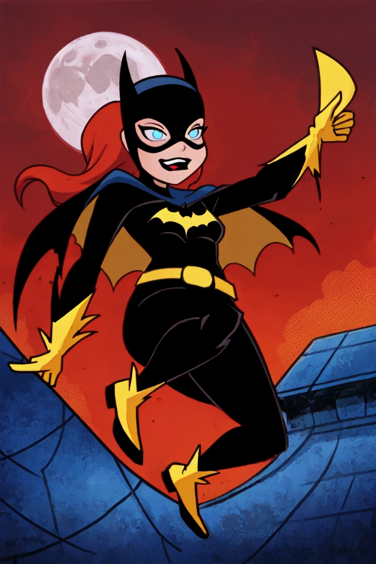 best quality, masterpiece, dcaustyle, 1girl, solo, batgirl is jumping on a rooftop, mask, black lips, red hair, belt, torn bodysuit, black bodysuit, pointy breasts, cape, yellow gloves, gotham city, red sky, dirigible, moon