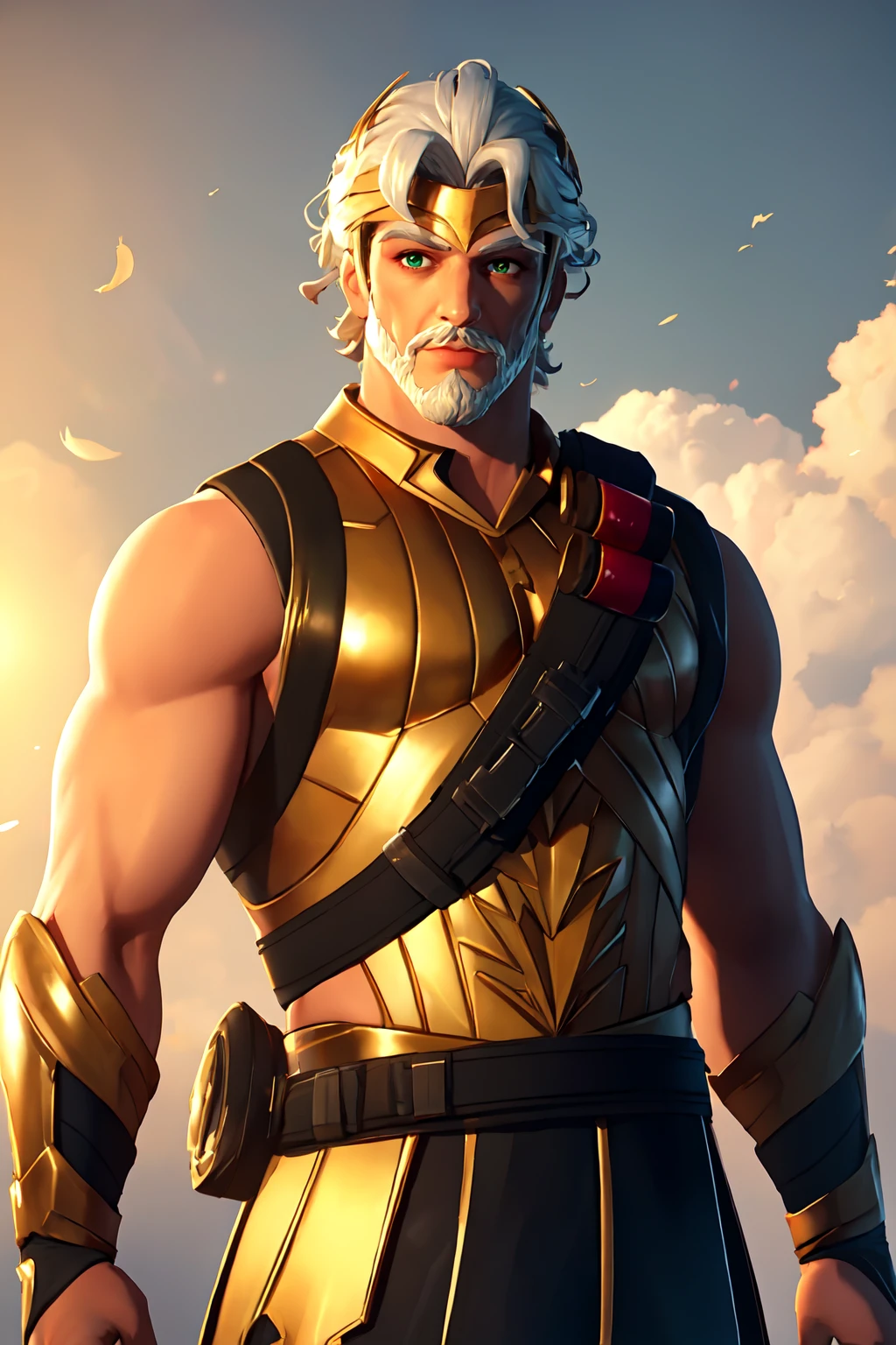 zeusfortniteV1, 1boy , mature male, looking at viewer,  white skin, white hair, green eyes, beard, mustache, male focus, facial hair, muscle,   <lora:zeusfortnite-09:0.5>, golden armor, shotgun shell bandolier,  grecia, sunlight,, masterpiece, 4k, high quality, highres, absurdres,