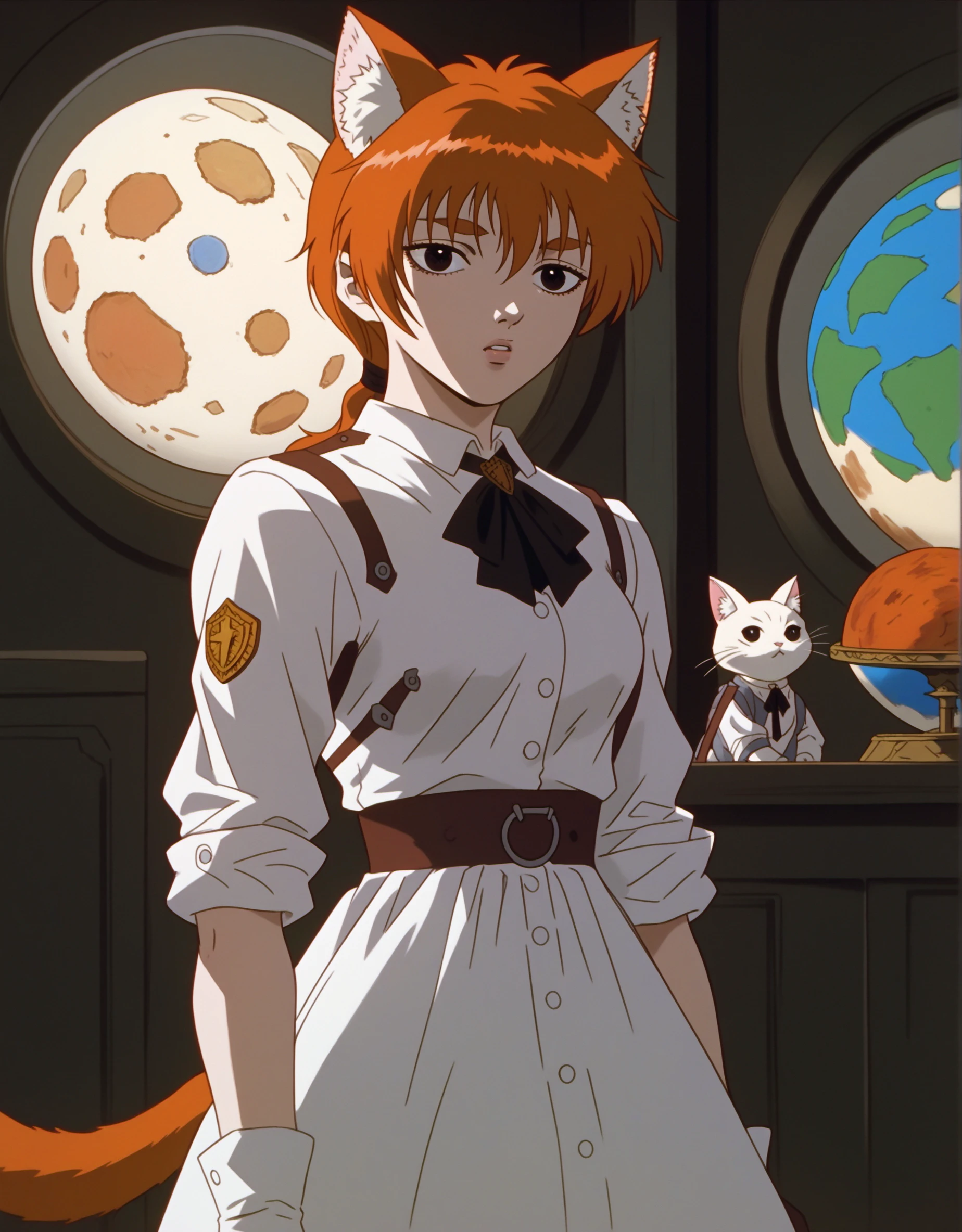BZRSTV, (score_9, score_8_up, score_7_up, score_6_up, source_anime:0.7), 1girl, catgirl, black eyes, parted lips, mizura, orange hair, waistcoat, petticoat, cross tie, animification, uniform, indoors, planet, white animal ear fluff