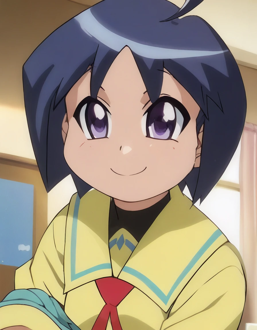 <lora:Smooth Anime 2 Style SDXL_LoRA_Pony Diffusion V6 XL:0.8> score_9, score_8_up, score_7_up,  score_6_up, score_5_up, score_4_up,  source_anime,  BREAK,  <lora:Katagiri Himeko PONY:1> 1girl, katagiri himeko, short hair, blue hair, yellow school uniform, ahoge, purple eyes, solo, smile